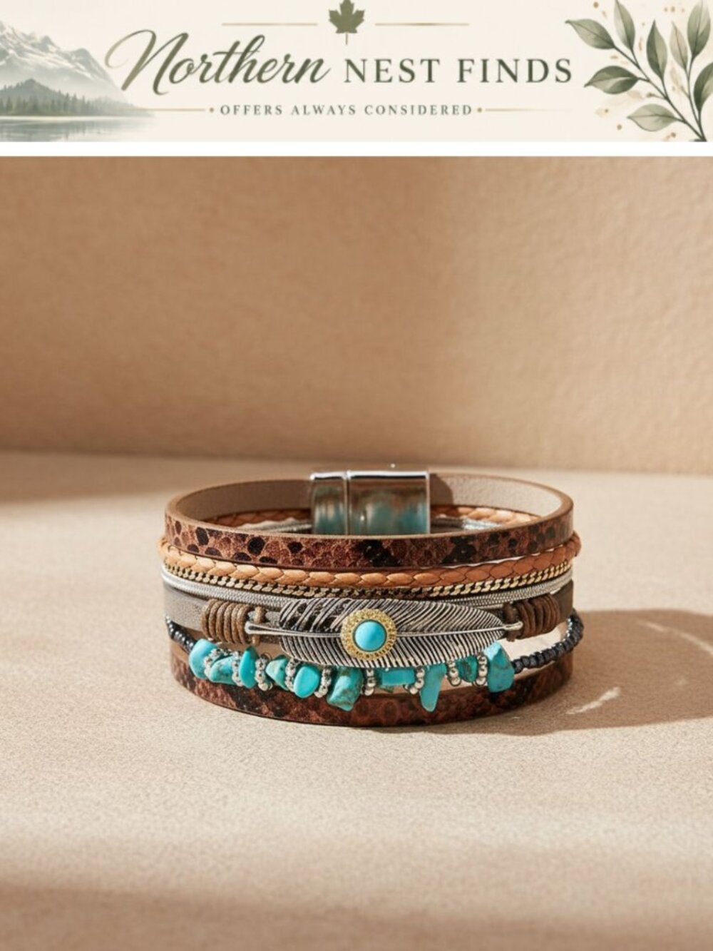 Leather Multilayer Wrap Bracelet Feather Bohemian Braided Wristband Cuff Bangle